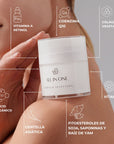 Mujer mostrando el tratamiento facial All In One de FARMA DORSCH, con activos como vitamina A (retinol), coenzima Q10, colágeno vegetal, vitamina C, silicio orgánico, centella asiática y fitoesteroles de soja, saponinas y raíz de yam. Fórmula antiedad todo en uno para el cuidado completo de la piel.