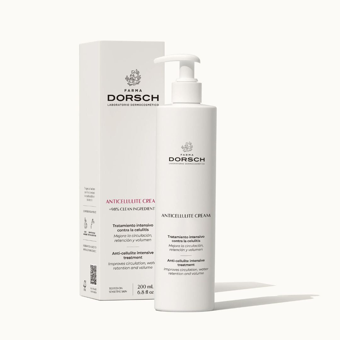 Imagen de ANTICELLULITE CREAM de FARMA DORSCH, tratamiento corporal intensivo contra la celulitis que mejora la circulación, la retención de líquidos y reduce volumen. Fórmula con más del 98% de clean ingredients. Envase de 200 ml con dosificador, ideal para todo tipo de piel, incluso la sensible.