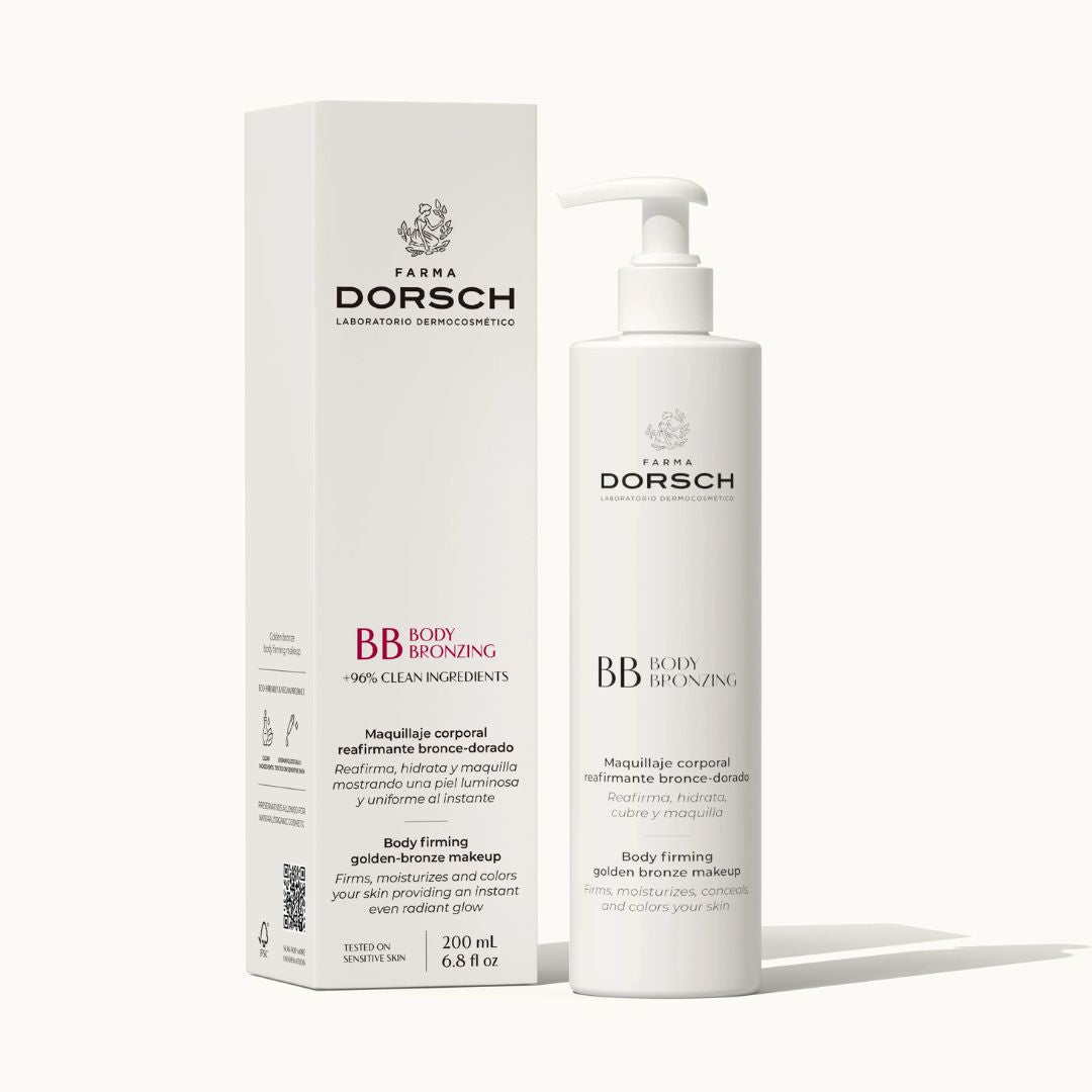 Imagen de BB BODY BRONZING de FARMA DORSCH, maquillaje corporal reafirmante con efecto bronce-dorado. Reafirma, hidrata, unifica el tono y proporciona un acabado luminoso inmediato. Fórmula con más del 96% de clean ingredients. Envase de 200 ml con dosificador, ideal para pieles sensibles.