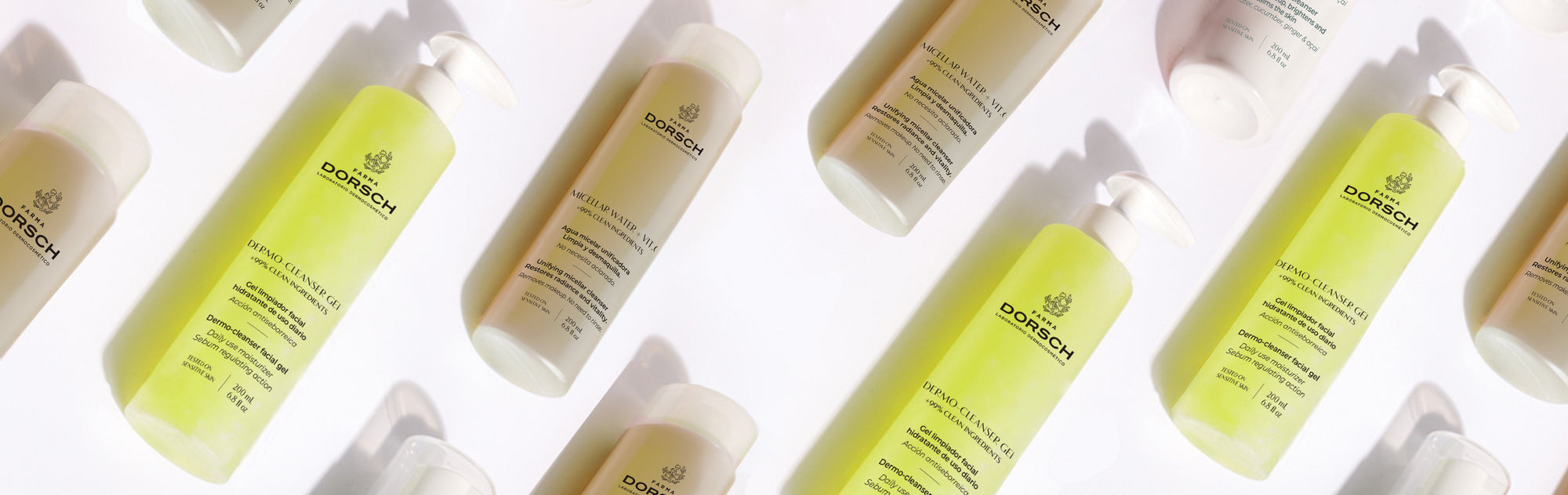 Productos de limpieza facial acomodados, banner mosaico gel demo limpiador DERMO CLEANSER GEL, tonico PURIFYING TONER de FARMA DORSCH