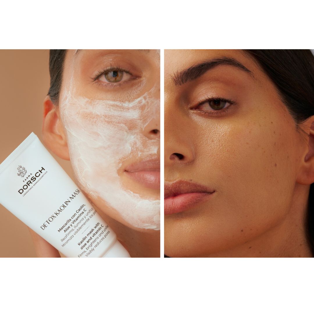 Antes y después de DETOX KAOLIN MASK de FARMA DORSCH, mujer con mascarilla de caolin desintoxificante facial skincare de limpieza y purificacion resultados.
