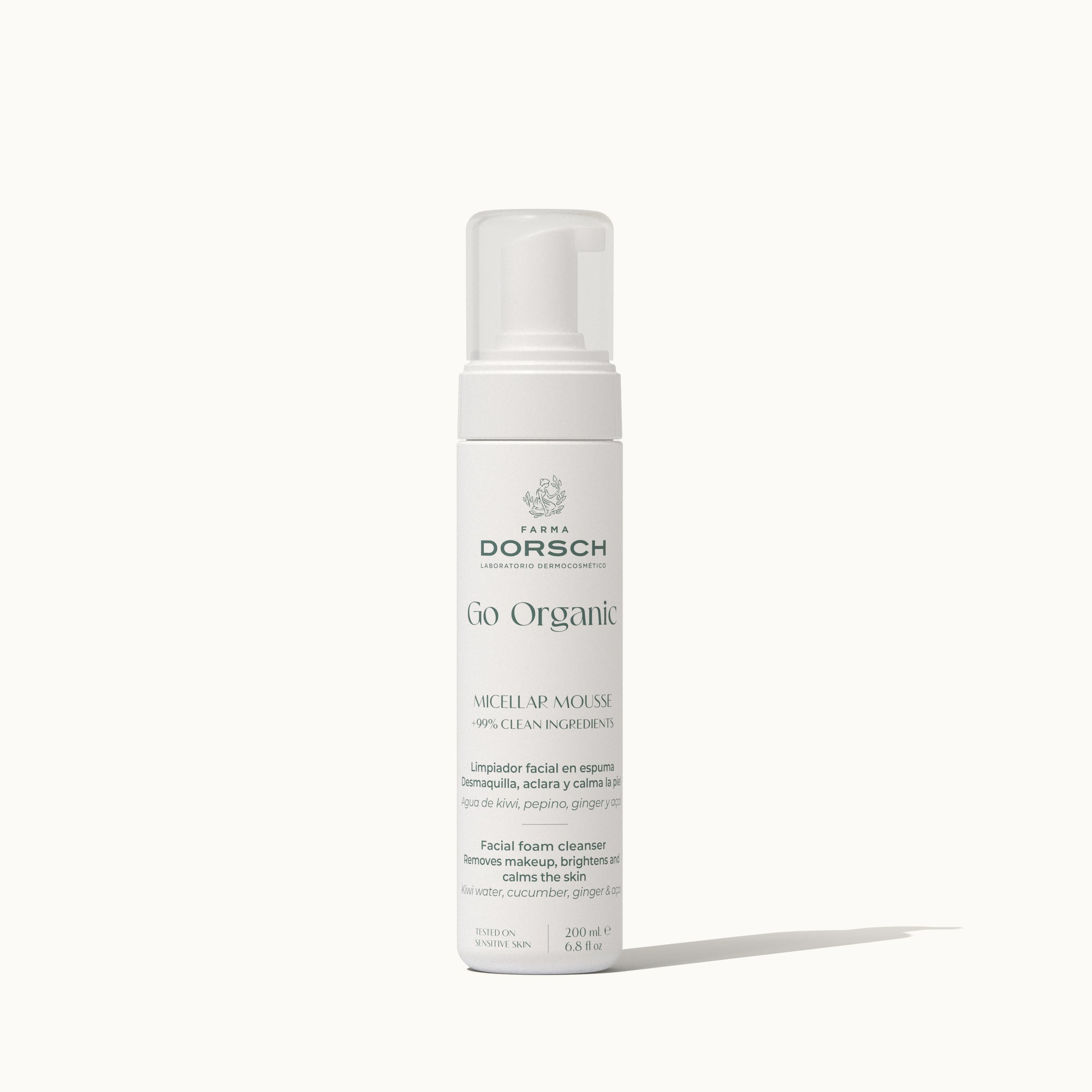 Envase de espuma micelar desmaquillante con kiwi, pepino, jengibre y açai  PCA FARMA DORSCH para limpiar y desmaquillar cara, cuello y escote.