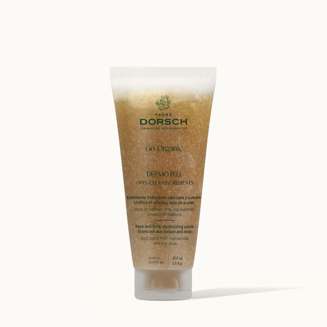 Envase de exfoliante hidratante corporal y facial sin aclarado con zanahoria, açai, niacinamida y hueso de acietuna de Farma Dorsch
