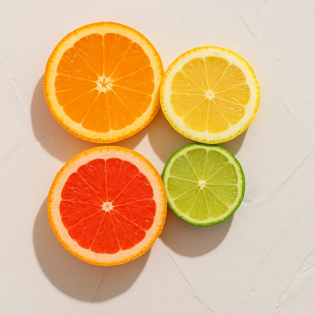 Rodajas de naranja limon pomelo y lima Ingrediente activo Alfahidroxiacidos AHAs de Citricos Farma Dorsch para exfoliacion renovacion y luminosidad de la piel sobre fondo blanco texturizado en cosmetica natural española