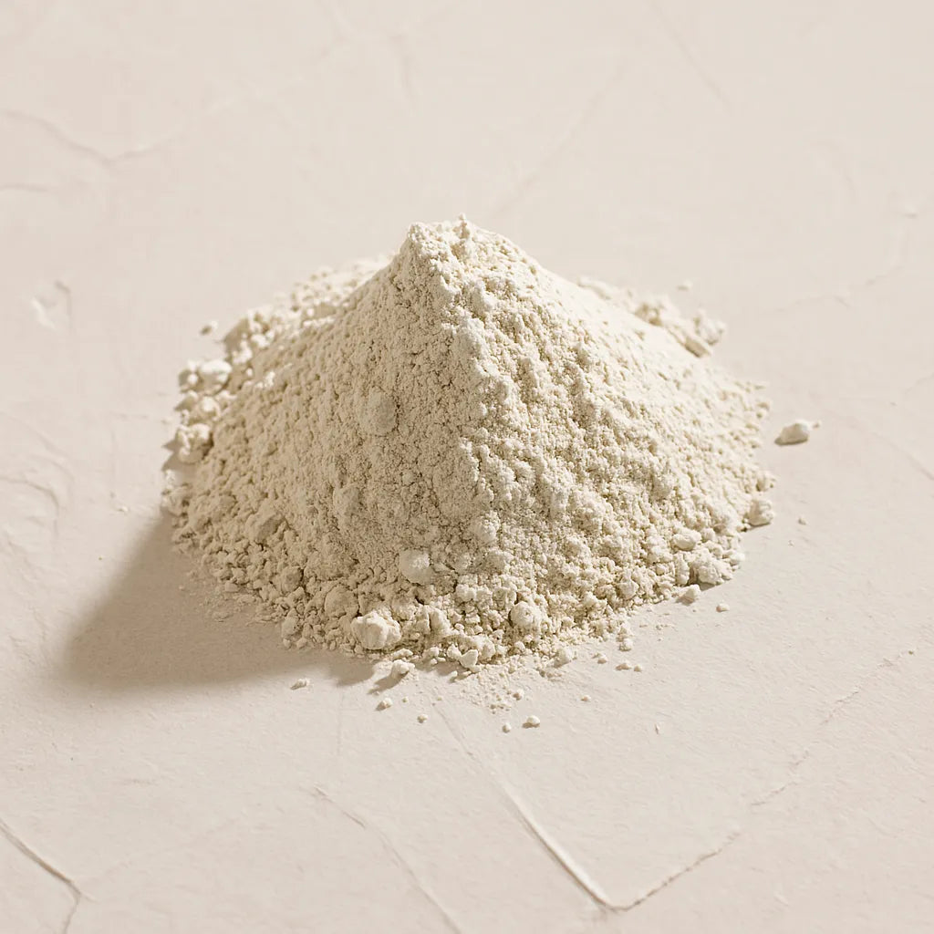 Monton de polvo blanco de caolin Ingrediente activo Arcilla de Caolin Farma Dorsch con propiedades absorbentes purificantes y calmantes para piel sensible sobre fondo blanco texturizado en cosmetica natural española