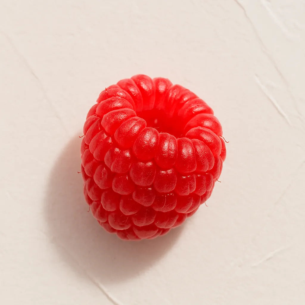 Frambuesa roja fresca Ingrediente activo Extracto de Frambuesa Farma Dorsch rico en antioxidantes y vitaminas para tratamiento facial y corporal sobre fondo blanco suave en cosmetica natural española