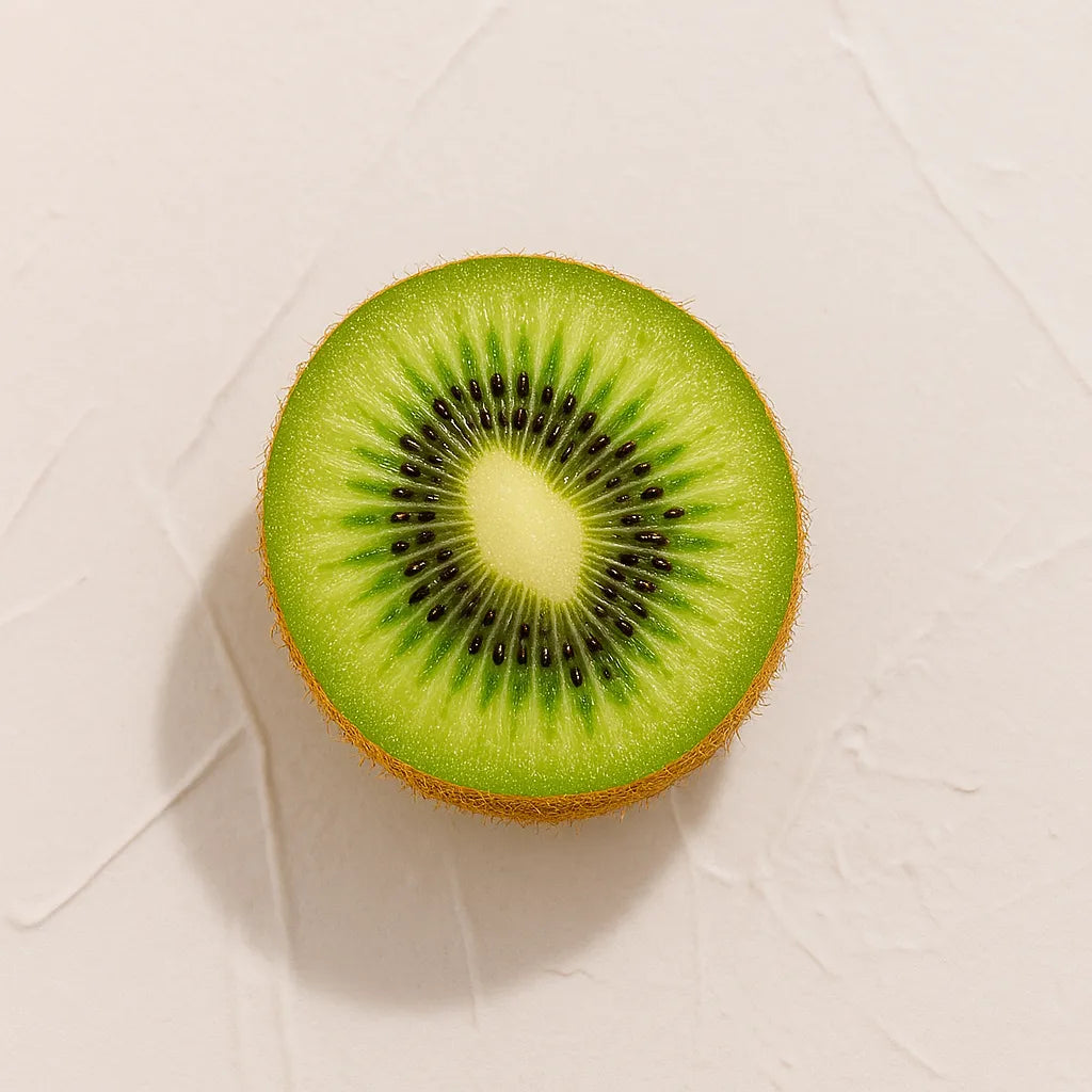 Rodaja de kiwi verde con semillas negras Ingrediente activo Extracto de Kiwi Farma Dorsch rico en antioxidantes y vitaminas C E para tratamiento facial y corporal sobre fondo blanco suave en cosmetica natural española