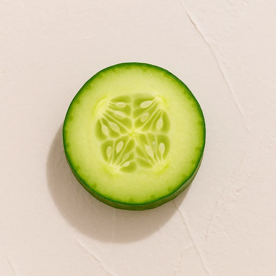 Rodaja de pepino verde fresca Ingrediente activo Extracto de Pepino Farma Dorsch con propiedades hidratantes, refrescantes y calmantes para tratamiento facial y corporal sobre fondo blanco suave en cosmetica natural española