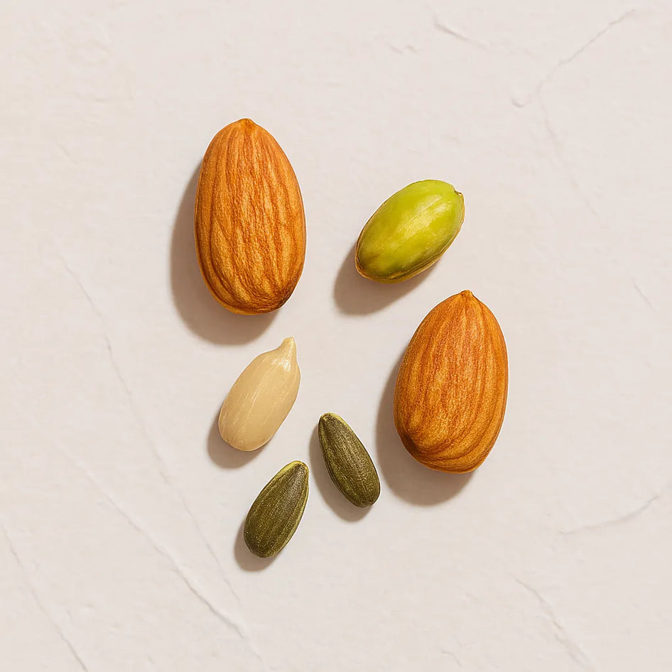 Almendras y semillas representando Ingrediente activo Vitaminas B5 B6 (Pantenol, Piridoxina) Farma Dorsch para nutricion capilar y fortalecimiento sobre fondo blanco suave en cosmetica natural española