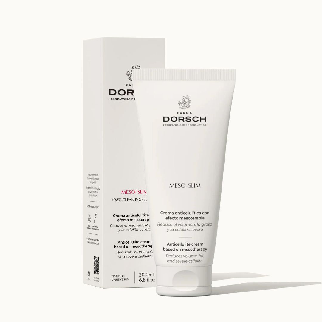 Imagen del tratamiento anticelulítico MESO-SLIM de FARMA DORSCH, crema reductora con efecto mesoterapia que ayuda a reducir volumen, grasa localizada y celulitis severa. Formato de 200 ml, con más de un 98% de ingredientes clean, indicada para pieles sensibles.