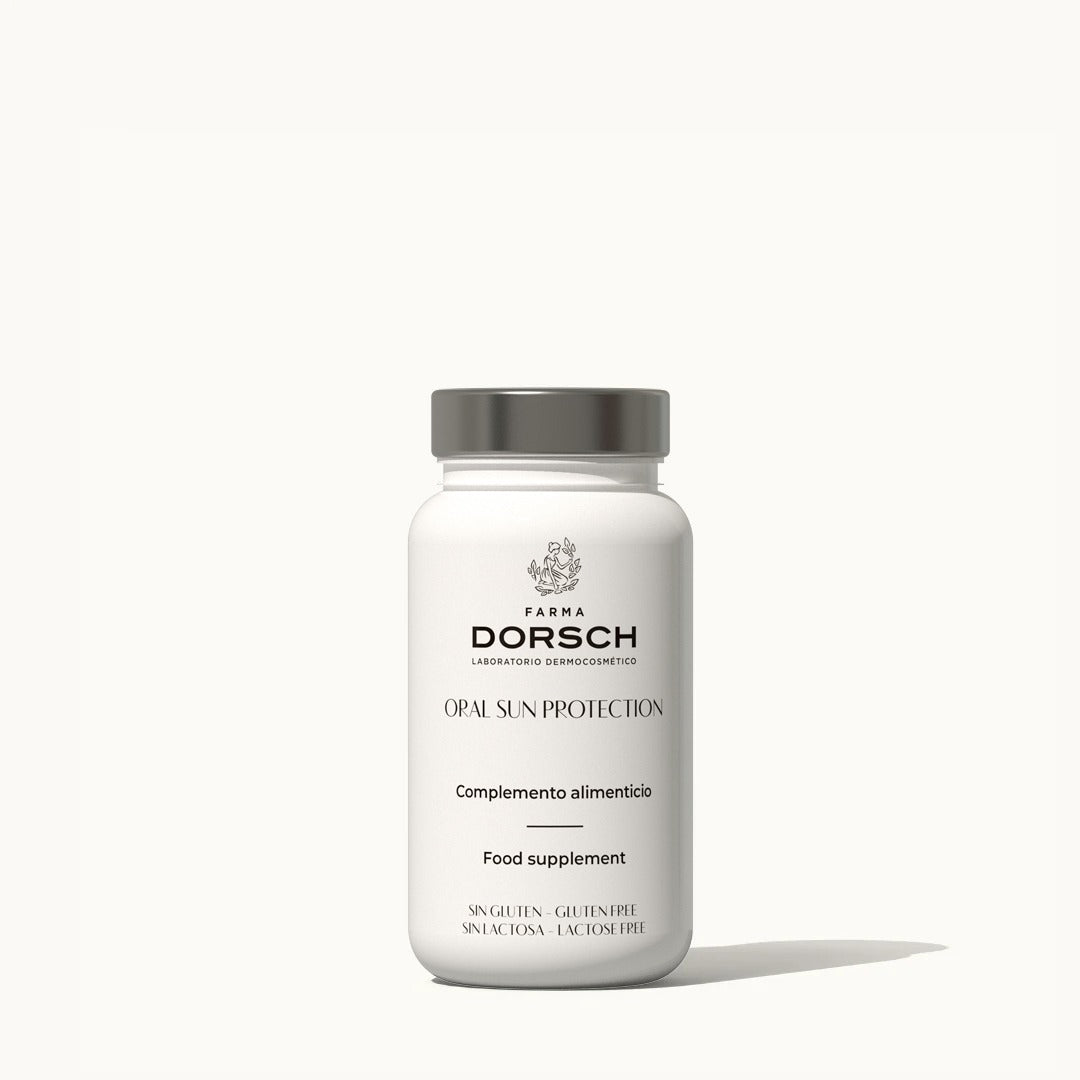 Frasco de Complemento alimenticio ORAL SUN PROTECTION de FARMA DORSCH dermocosmetica española capsulas de fotoprotección solar vía oral