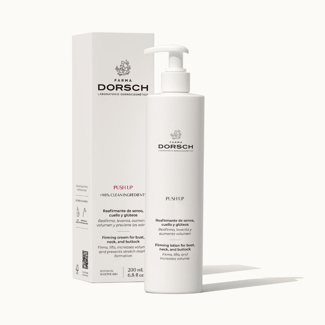 Imagen de la crema reafirmante PUSH UP de FARMA DORSCH, formulada para senos, cuello y glúteos. Aumenta el volumen, reafirma y previene la formación de estrías. Con más del 98% de ingredientes clean y apta para pieles sensibles. Envase de 200 ml con dosificador.