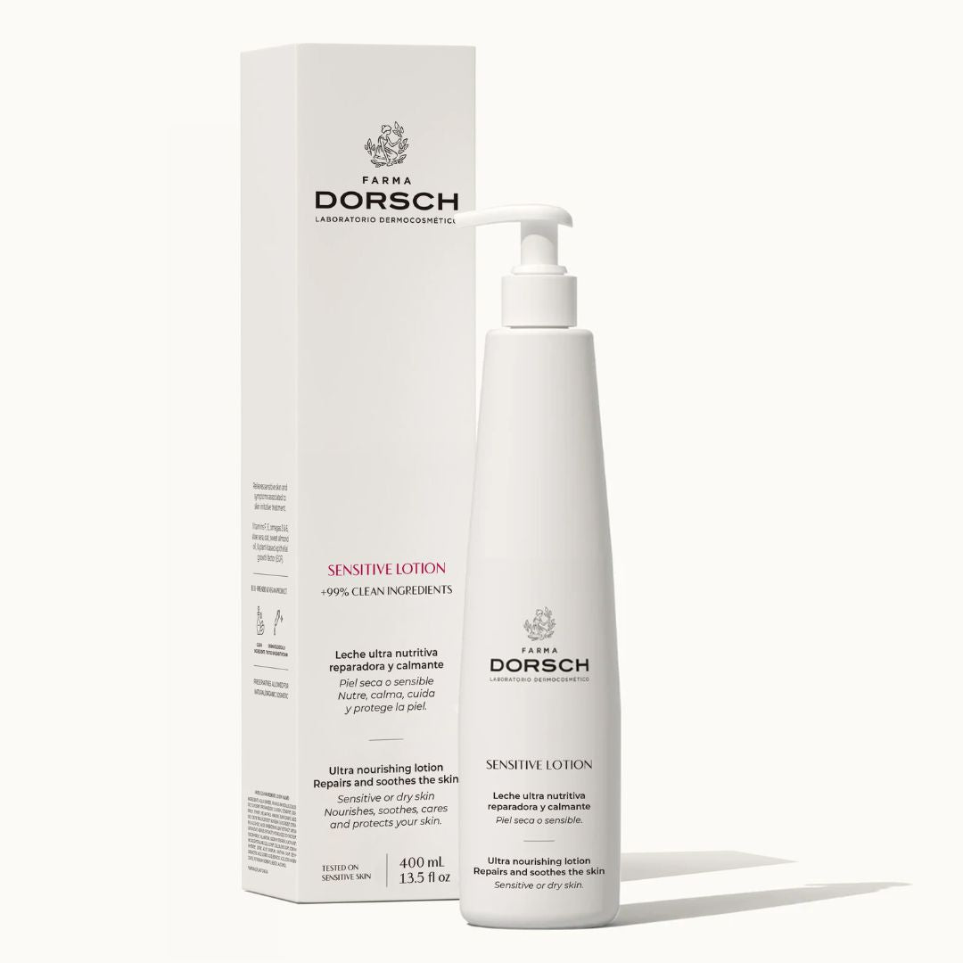 Imagen de sensitive lotion de FARMA DORSCH crema corporal, tratamiento ultra nutritivo para piel seca y sensible Fórmula reparadora y calmante con más del 99% de ingredientes clean. Envase de 400 ml con dosificador, ideal para hidratar, calmar y