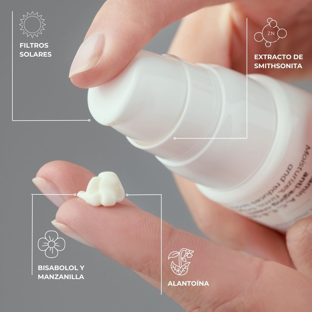 Aplicación de la crema facial SPF 50 CREAM de FARMA DORSCH, con textura ligera y fórmula enriquecida con filtros solares, extracto de smithsonita, bisabolol, manzanilla y alantoína. Fotoprotección muy alta para piel sensible, con acción calmante y reparadora.
