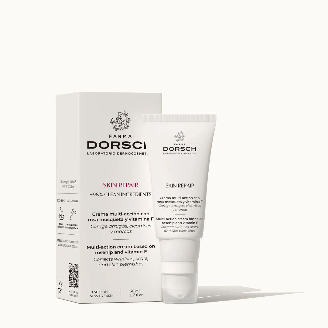 Imagen de la crema reparadora SKIN REPAIR de FARMA DORSCH, tratamiento multiacción con rosa mosqueta y vitamina F, formulado para corregir arrugas, cicatrices y marcas en la piel. Envase de 50 ml con más de un 98% de ingredientes naturales, apto para pieles sensibles.