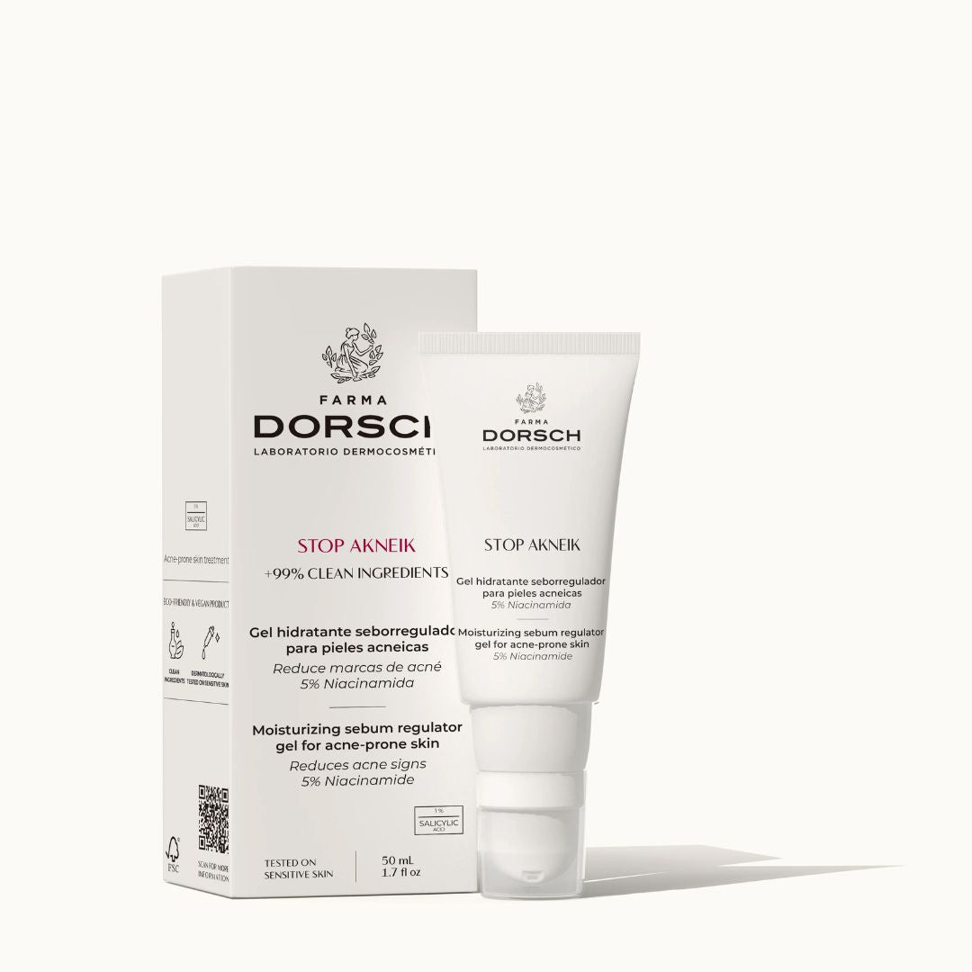 Imagen del gel hidratante STOP AKNEIK de FARMA DORSCH, tratamiento seborregulador con 5% de niacinamida, indicado para pieles acneicas. Reduce marcas de acné y controla el exceso de sebo. Fórmula con más del 99% de ingredientes clean en envase de 50 ml, apta para piel sensible.