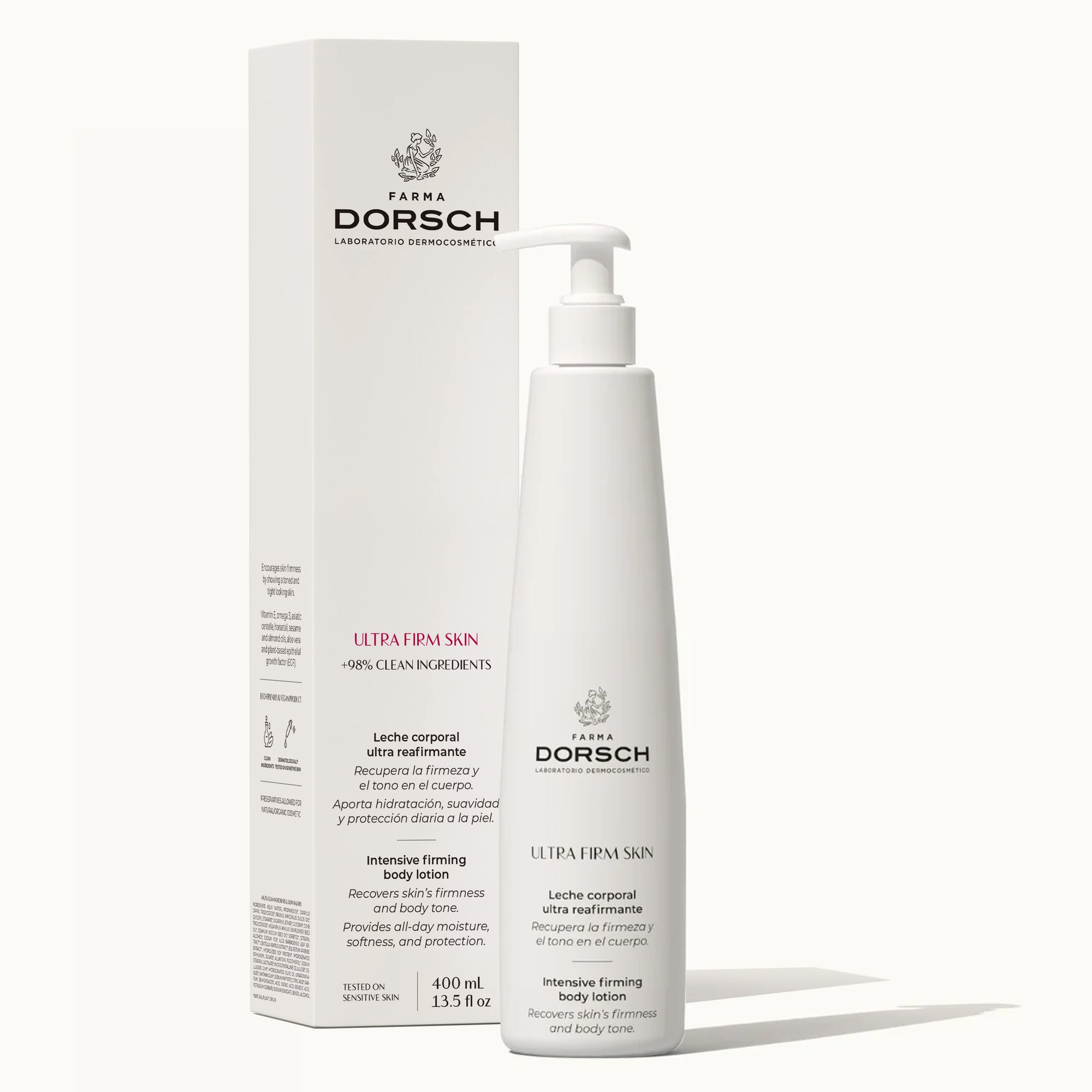 Imagen de la leche corporal ultra reafirmante ULTRA FIRM SKIN de FARMA DORSCH, con más del 98% de ingredientes clean. Fórmula hidratante y nutritiva que mejora la firmeza y el tono de la piel del cuerpo. Envase de 400 ml, ideal para cuidado corporal diario en todo tipo de piel.