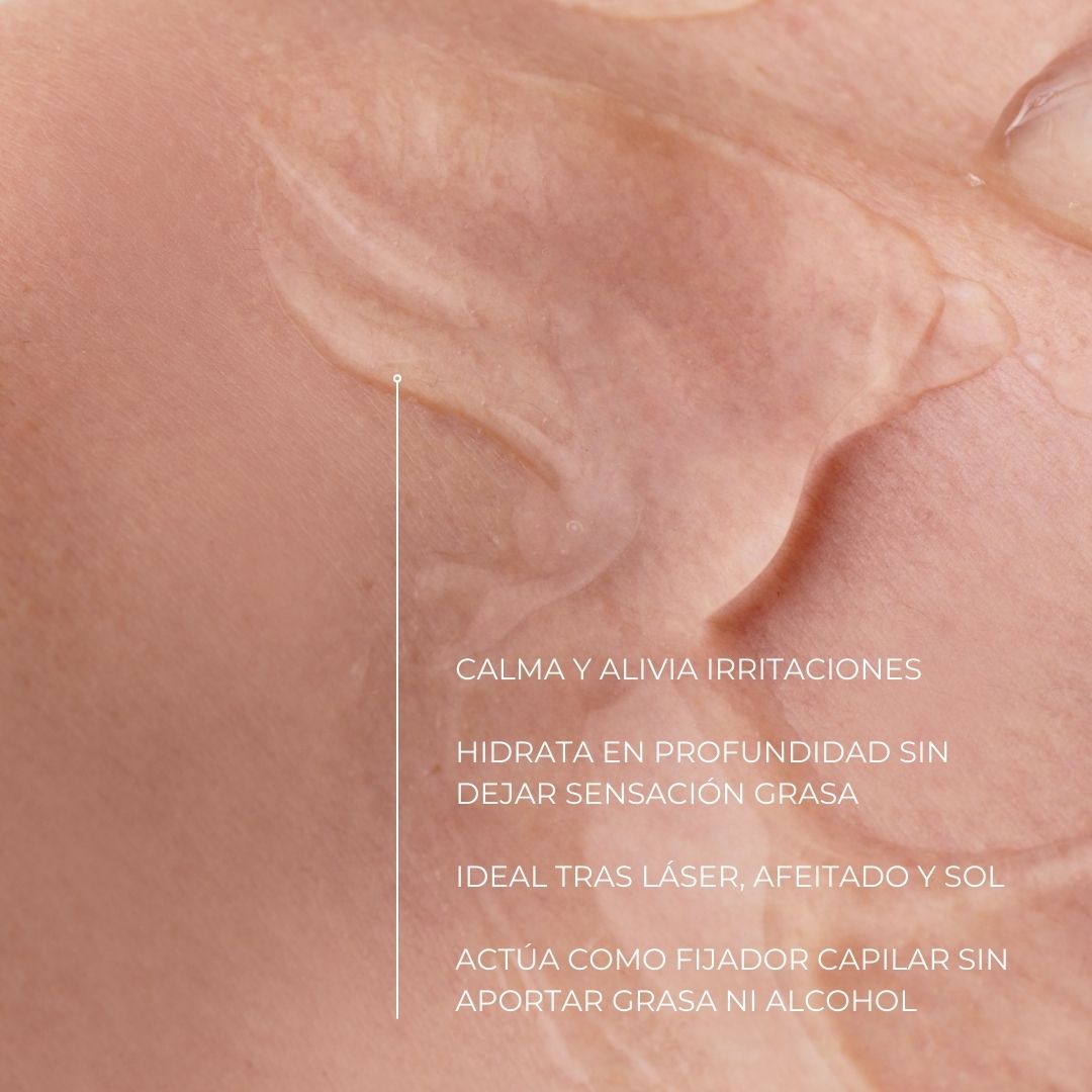 Aplicación de ALOE VERA GEL de FARMA DORSCH sobre la piel, mostrando beneficios como hidratación profunda, alivio de irritaciones, efecto calmante tras láser o afeitado y acción fijadora capilar sin grasa ni alcohol.
