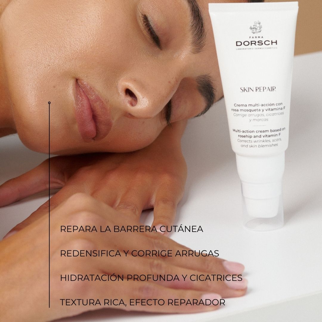 Beneficios de la crema Skin Repair de Farma Dorsch: repara la barrera cutánea, redensifica y corrige arrugas, aporta hidratación profunda y ayuda a tratar