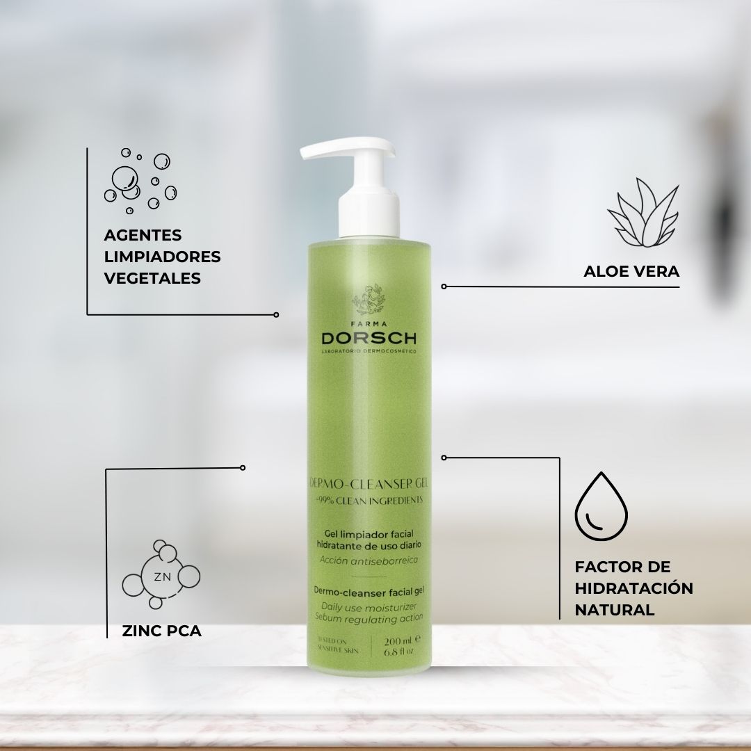 Gel limpiador facial DERMO CLEANSER GEL de FARMA DORSCH con ingredientes naturales como aloe vera, zinc PCA, agentes limpiadores vegetales y factor de hidratación