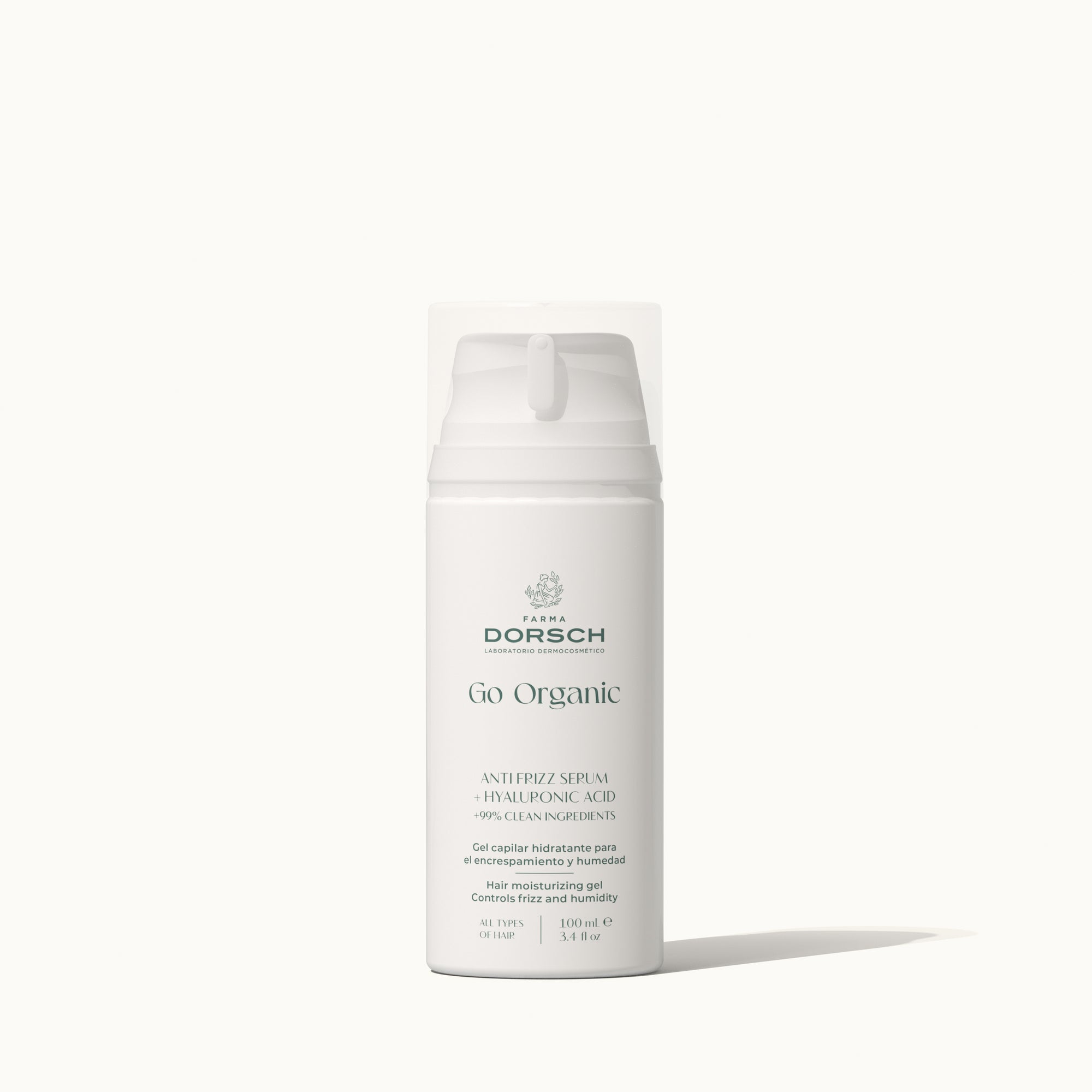 envase de Serum anti encrespamiento capilar hidratante para tratar la electricidad estática, la humedad y el calor con acido hialuronico y agentes hidratantes FARMA DORSCH para todo tipo de pelos