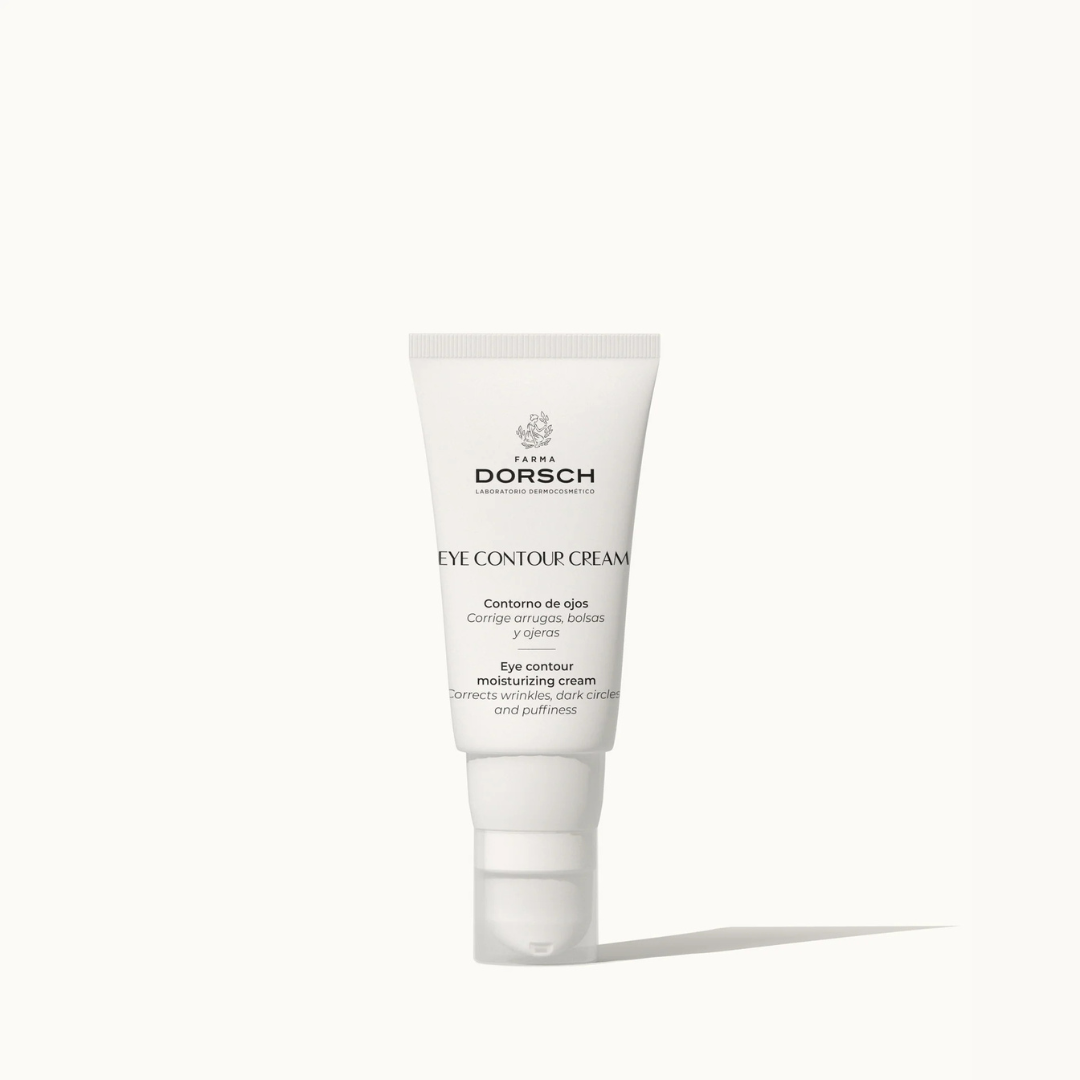 Envase de contorno de ojos hidratante para reducir bolsas, ojeras y arrugas con acido hialuronico, cafeína y bisabolol FARMA DORSCH contorno de ojos y labios.