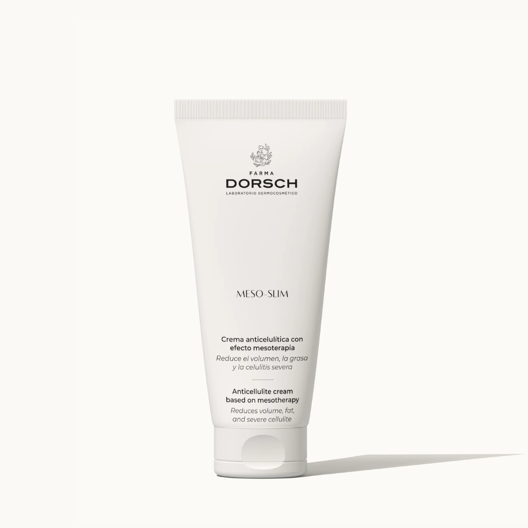 Envase crema anticelulítica exfoliante corporal MESO SLIM con frambinona y fisetina, cafeína, centella asiática  de FARMA DORSCH para celulitis severa y piel de naranja para piernas, brazos, glúteos.