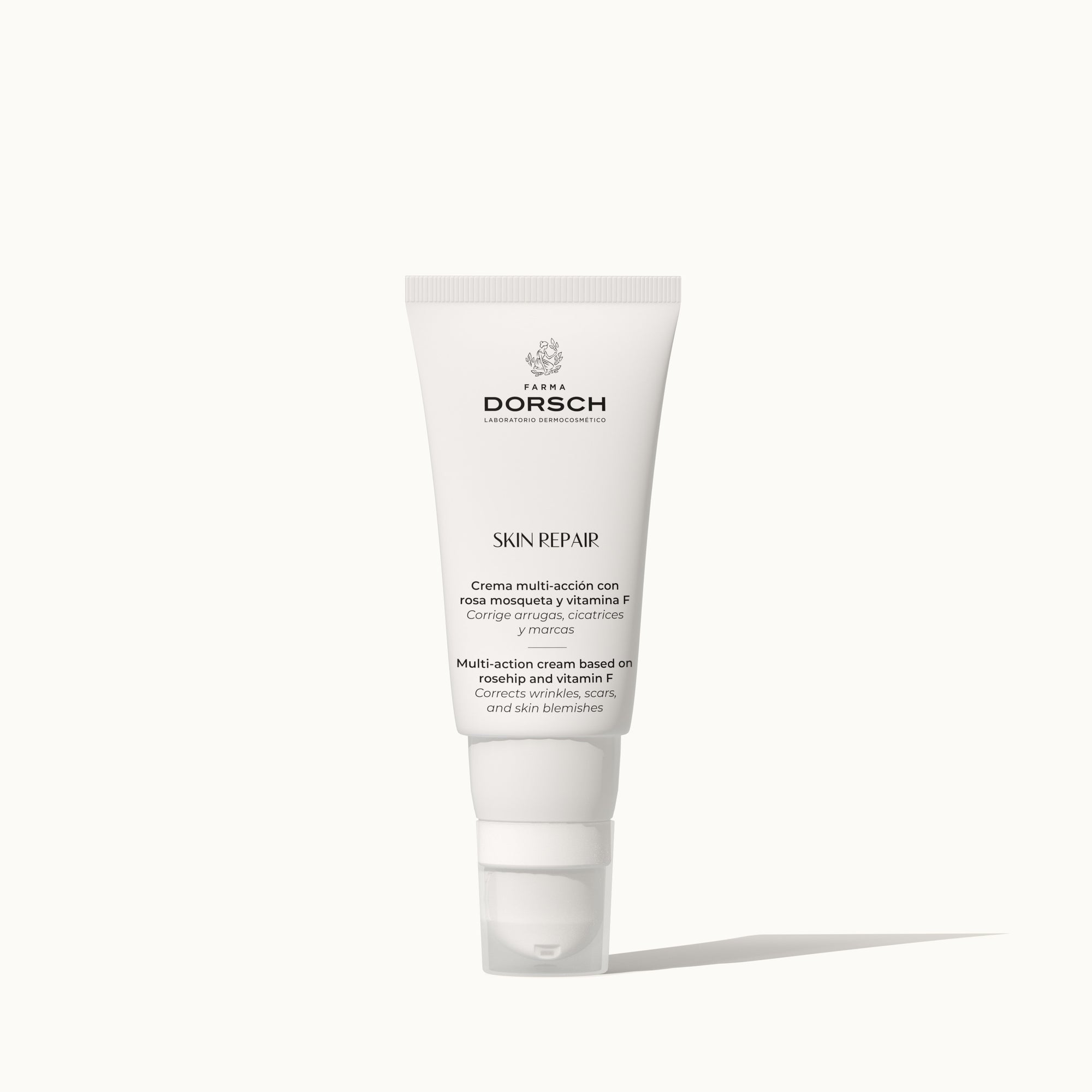Envase de crema hidratante antiedad reparadora con aceite de rosa de mosqueta, vitamina F y mantenca de cacao FARMA DORSCH para cara, cuello y escote