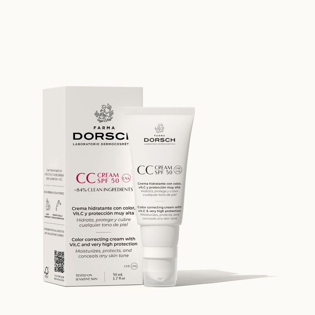 Envase y caja de crema con protección solar factor 50 con color y acabado natural con regaliz, pigmentos naturales y acido hialuronico de FARMA DORSCH para cara, cuello y escote.