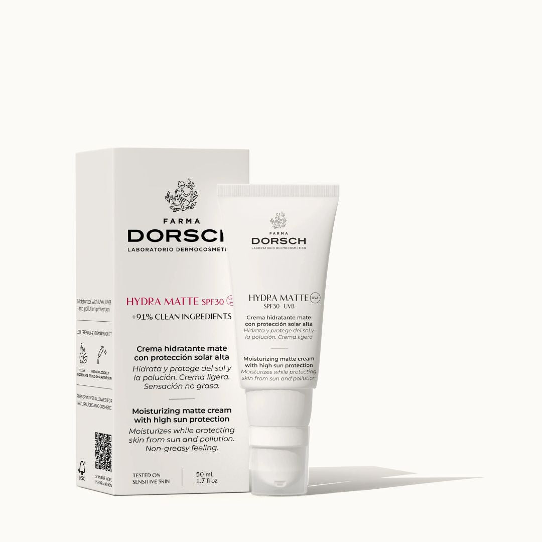 Envase  y caja de crema con protección solar factor 30 con acido hialuronico, filtros solares, smithsonita y factor de crecimiento epitelial FARMA DORSCH para cara, cuello y escote