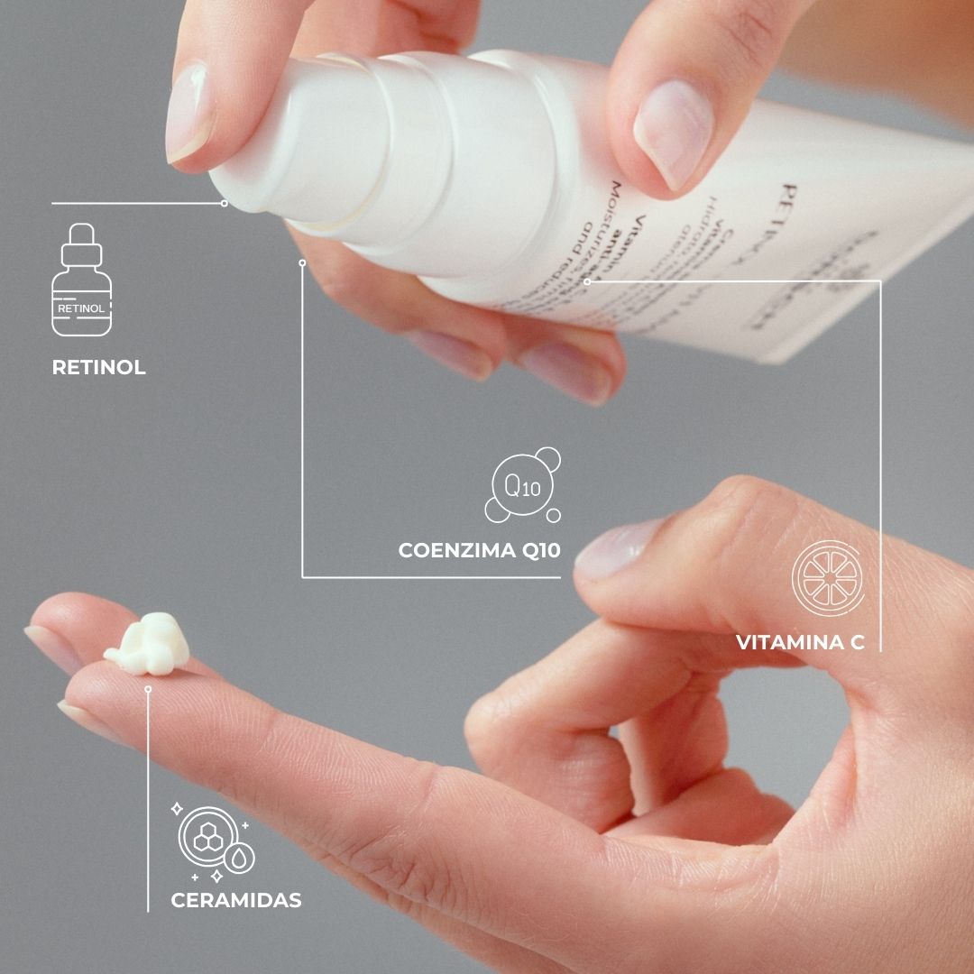 Ingredientes destacados del tratamiento Retinol + Vitamin C de Farma Dorsch: retinol, vitamina C, ceramidas y coenzima Q10, mostrados junto a una dosis del producto.
