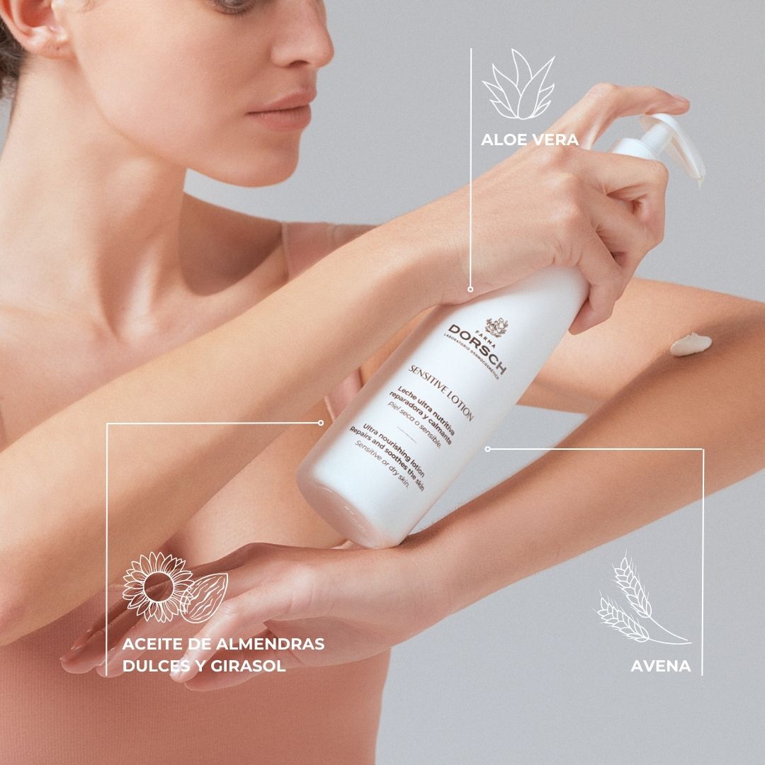 Ingredientes principales de Sensitive Lotion de Farma Dorsch: aloe vera, avena, y aceites de almendras dulces y girasol. Persona aplicando el producto en el brazo.