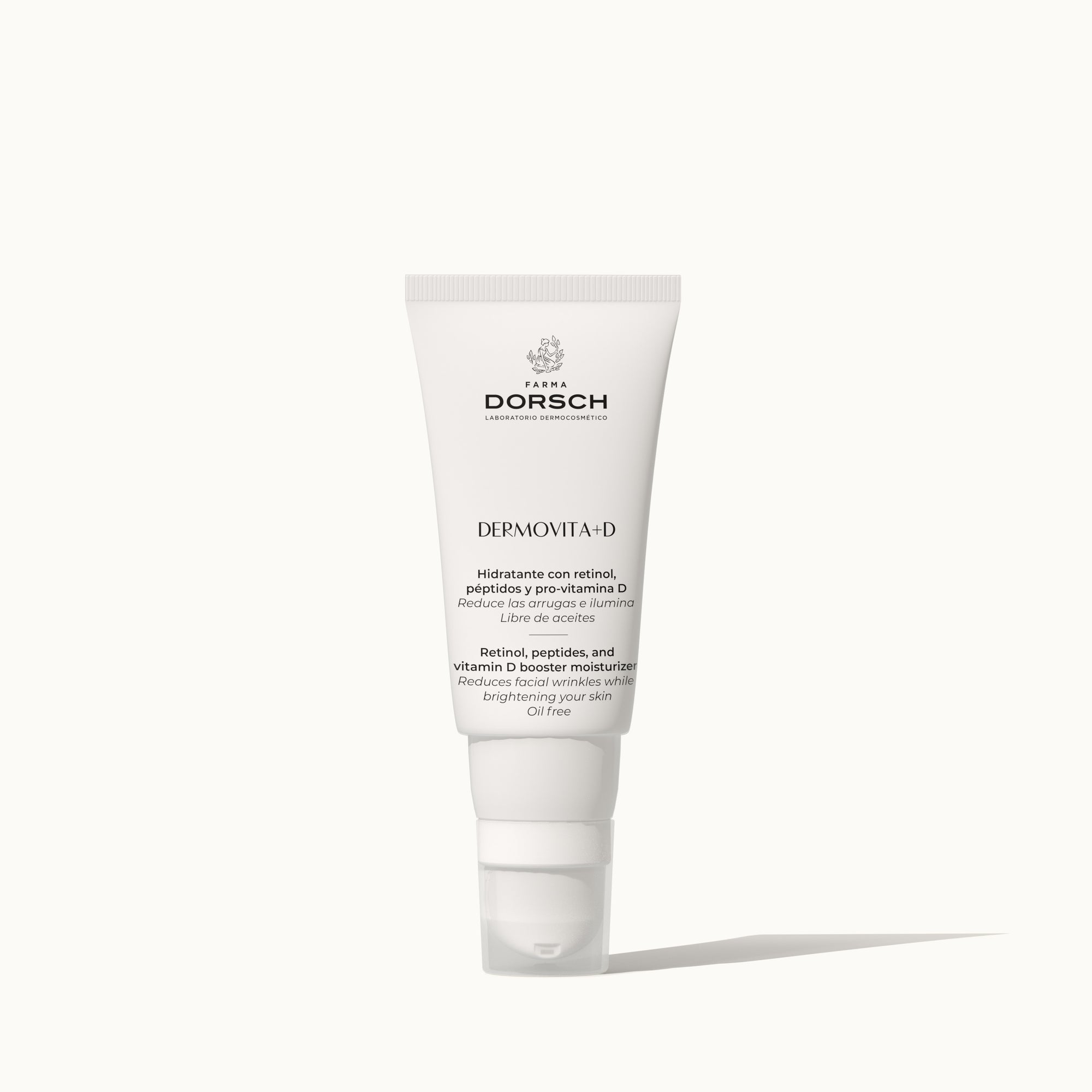 Envase de crema hidratante antiedad Oil free con retinol, vitamina D,  biomoléculas del olivo y vitamina E FARMA DORSCH para cara, cuello y escote.