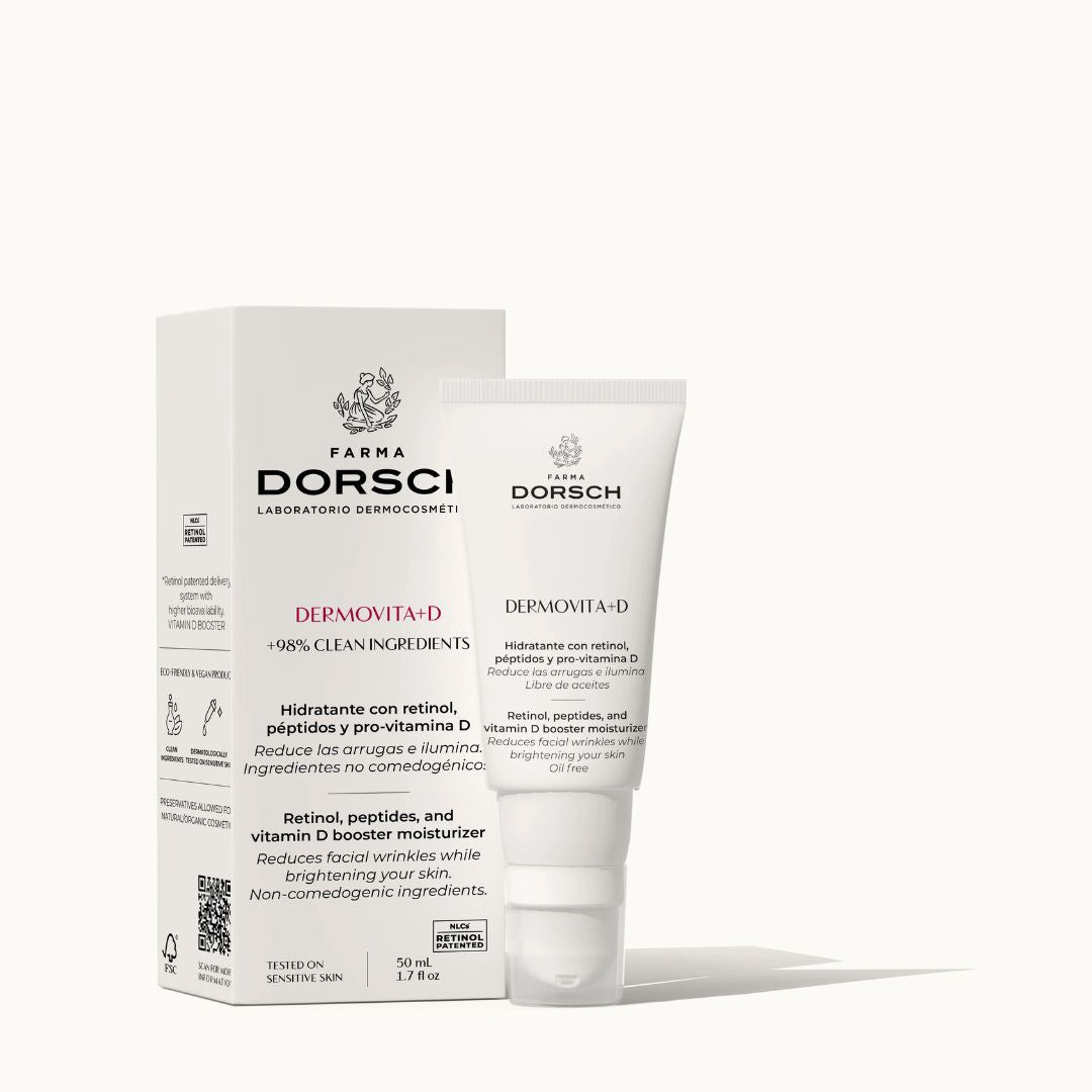 Envase y caja de crema hidratante antiedad Oil free con retinol, vitamina D,  biomoléculas del olivo y vitamina E FARMA DORSCH para cara, cuello y escote.