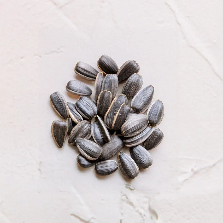 Grupo de pipas de girasol representando Ingrediente activo Vitamina F Acido Linoleico Farma Dorsch para hidratación y fortalecimiento de la barrera cutánea en tratamiento facial y corporal sobre fondo blanco suave en cosmética natural española