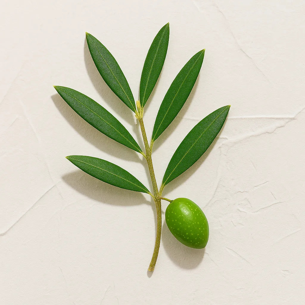 Ramita de olivo con hojas verdes y aceituna representando Ingrediente activo Aceite de Oliva Virgen Extra Farma Dorsch con propiedades hidratantes, antioxidantes y nutritivas para piel y cabello sobre fondo blanco suave en cosmetica natural española