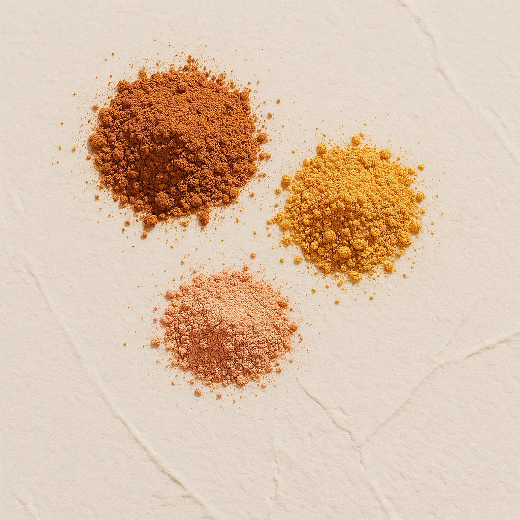 Tres montones de pigmentos minerales marron rojizo amarillo anaranjado y rosa claro Ingrediente activo Pigmentos Minerales Farma Dorsch para color natural y acabado suave en cosmetica facial y corporal sobre fondo blanco texturizado en cosmetica natural española