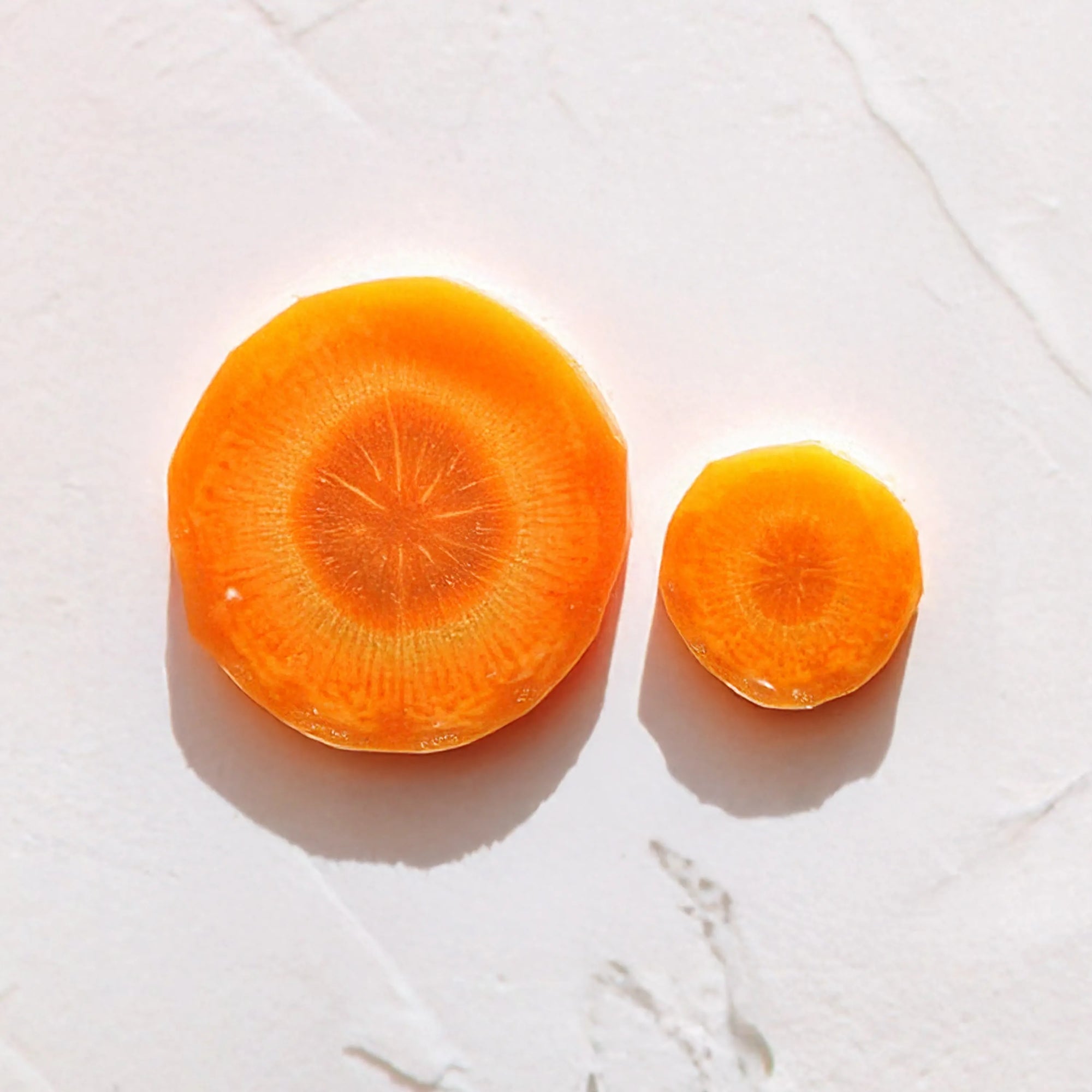 Dos rodajas de zanahoria representando Ingrediente activo Betacaroteno Vitamina A Farma Dorsch con propiedades antioxidantes y renovadoras para tratamiento facial y corporal sobre fondo blanco marmolado en cosmetica natural española