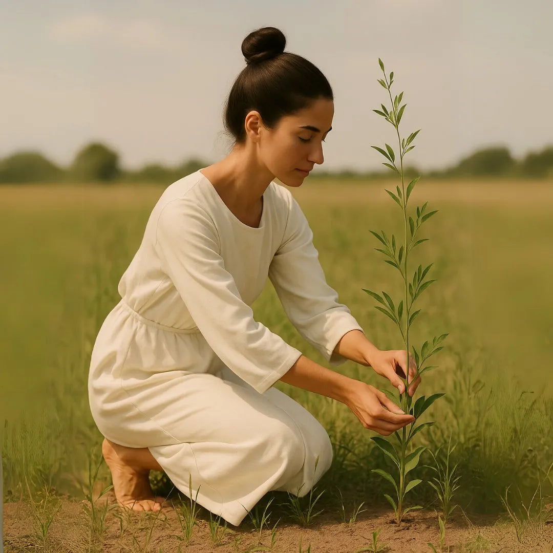 Mujer con vestido blanco recolectando en campo, planta FARMA DORSCH ninfa ingredientes naturales de origen vegetal