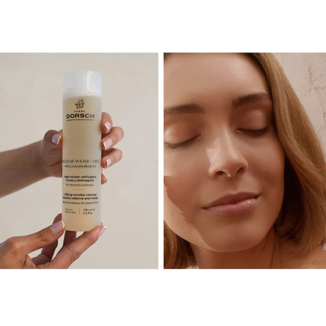 uso de agua micelar FARMA DORSCH limpieza suave y rostro fresco sin maquillaje