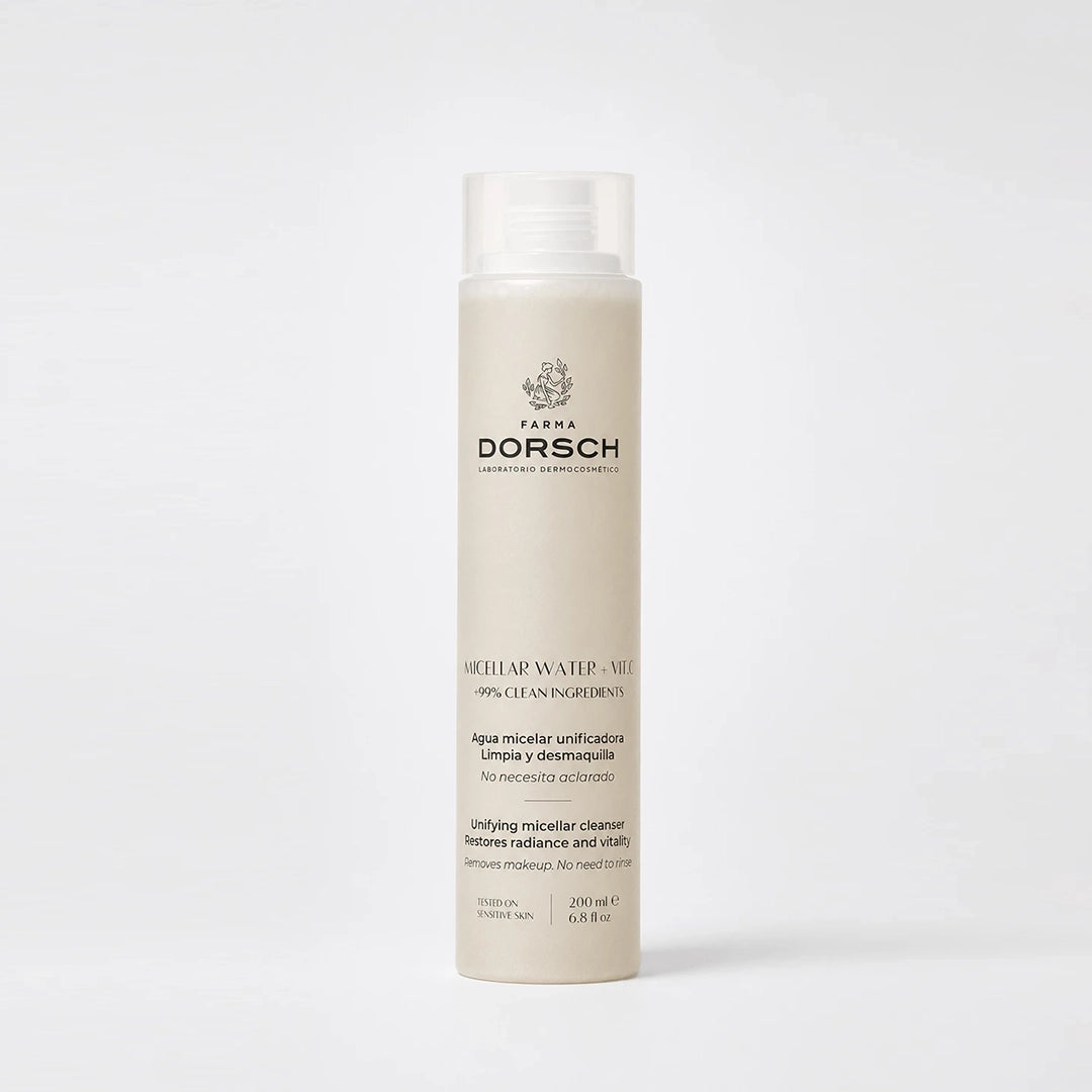 MICELLAR WATER de FARMA DORSCH, agua micelar con vitamina C para limpiar, desmaquillar y aportar luminosidad a la piel.