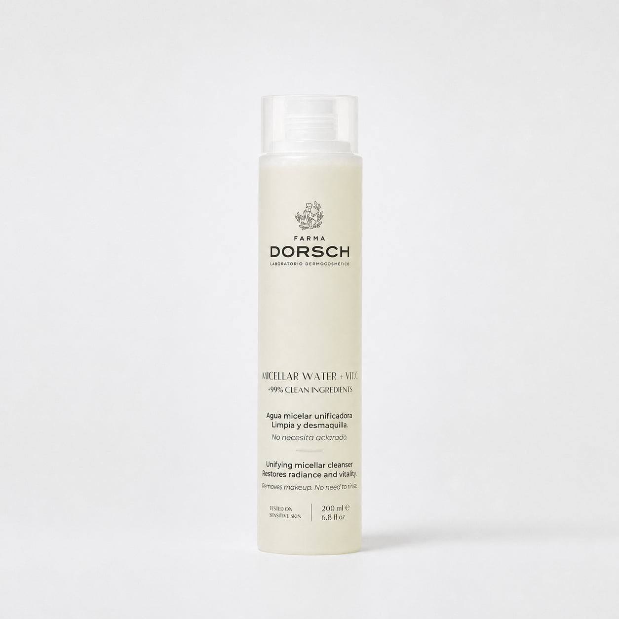 MICELLAR WATER de FARMA DORSCH, agua micelar con vitamina C para limpiar, desmaquillar y aportar luminosidad a la piel.