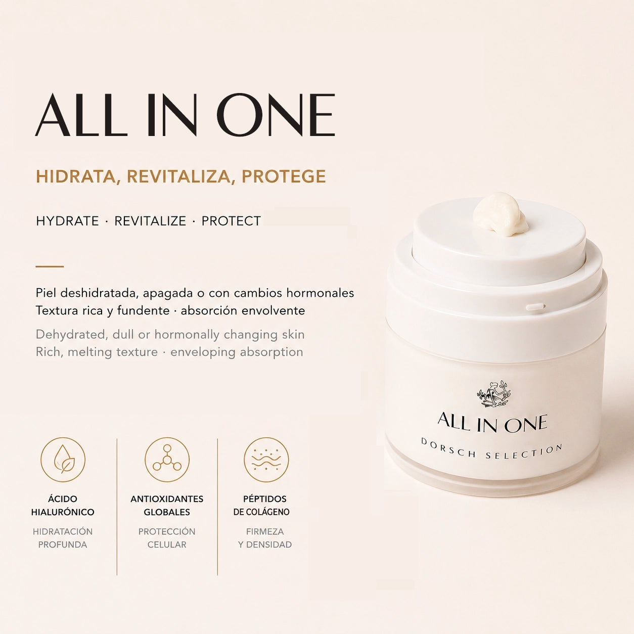 ALL IN ONE  de FARMA DORSCH, crema anti edad global que hidrata, revitaliza y protege la piel. Con colágeno vegetal, Ácido harmónico, peptidos