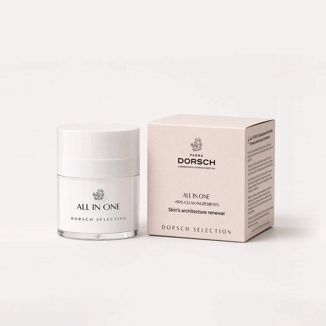 Envase de ALL IN ONE de FARMA DORSCH, tratamiento facial antiedad para piel con arrugas, flacidez o manchas.