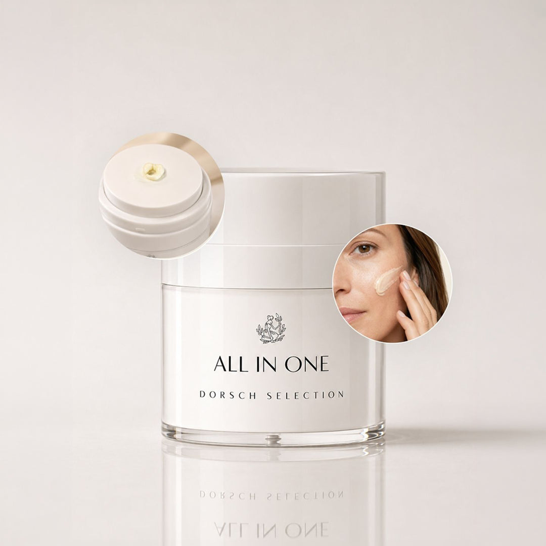ALL IN ONE de FARMA DORSCH dentro de una rutina facial antiedad para hidratar, reafirmar e iluminar la piel.
