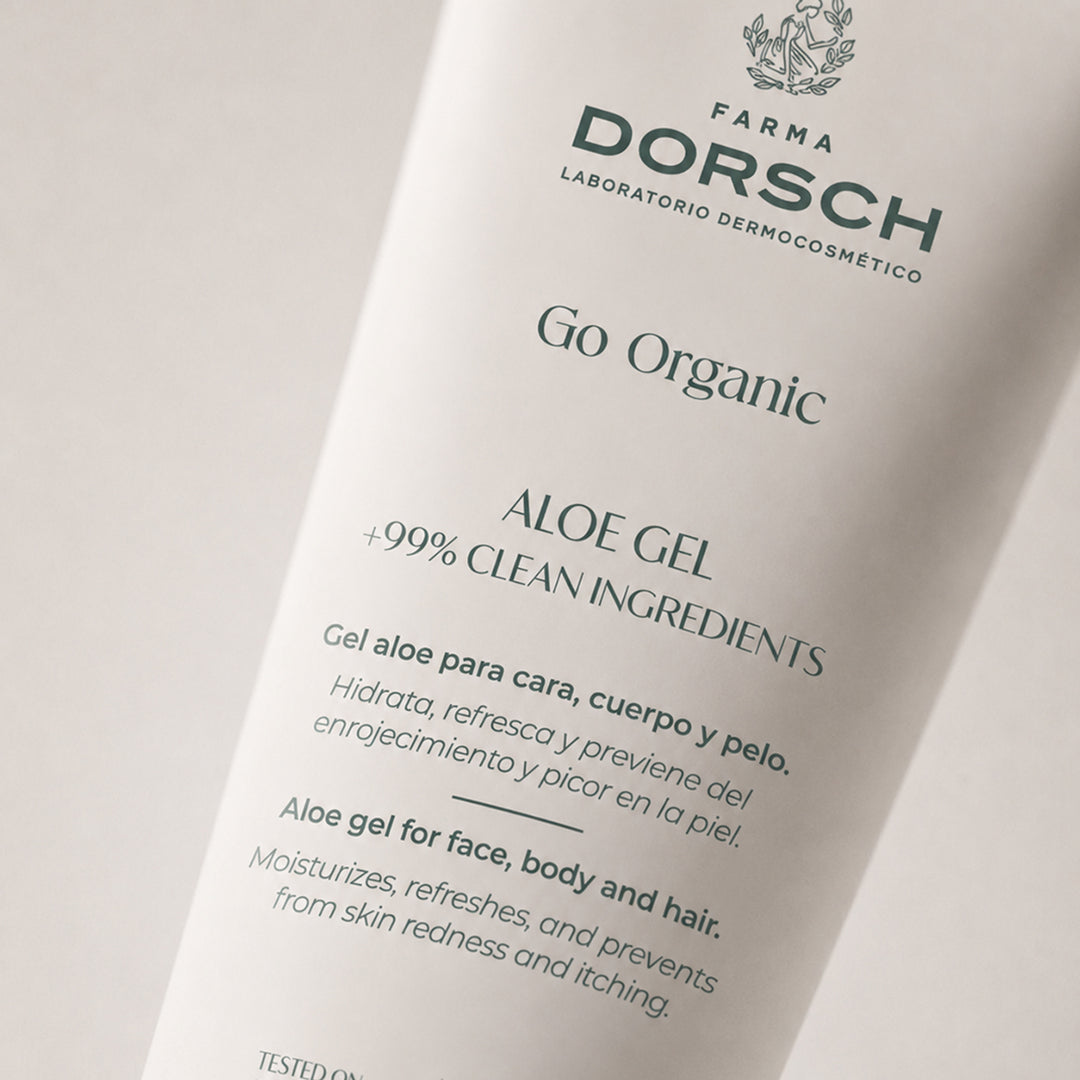 Envase de ALOE GEL de FARMA DORSCH, tratamiento corporal refrescante para piel sensible o expuesta al sol.