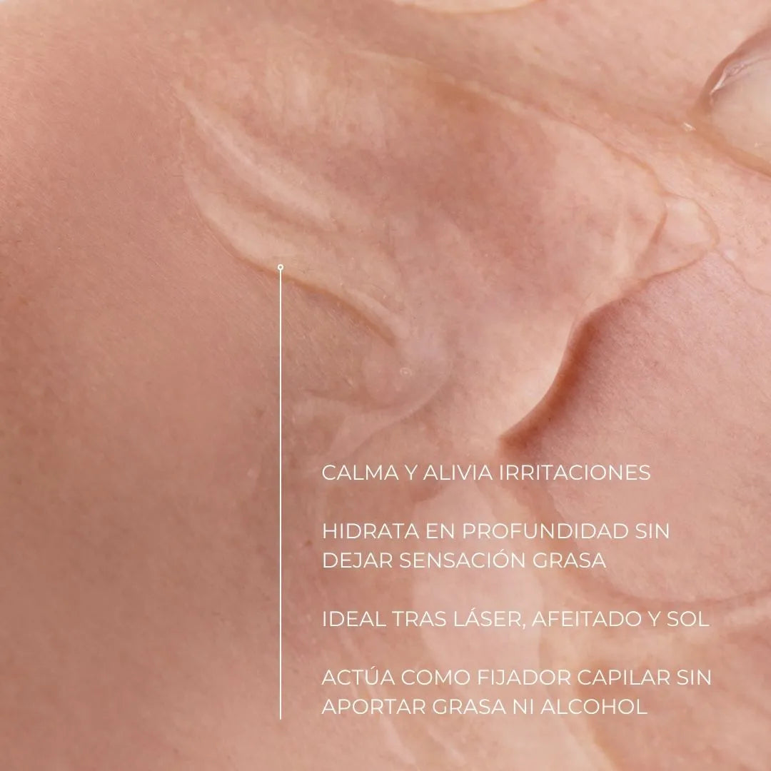 Aplicación de ALOE VERA GEL de FARMA DORSCH sobre la piel, mostrando beneficios como hidratación profunda, alivio de irritaciones, efecto calmante tras láser o afeitado y acción fijadora capilar sin grasa ni alcohol.