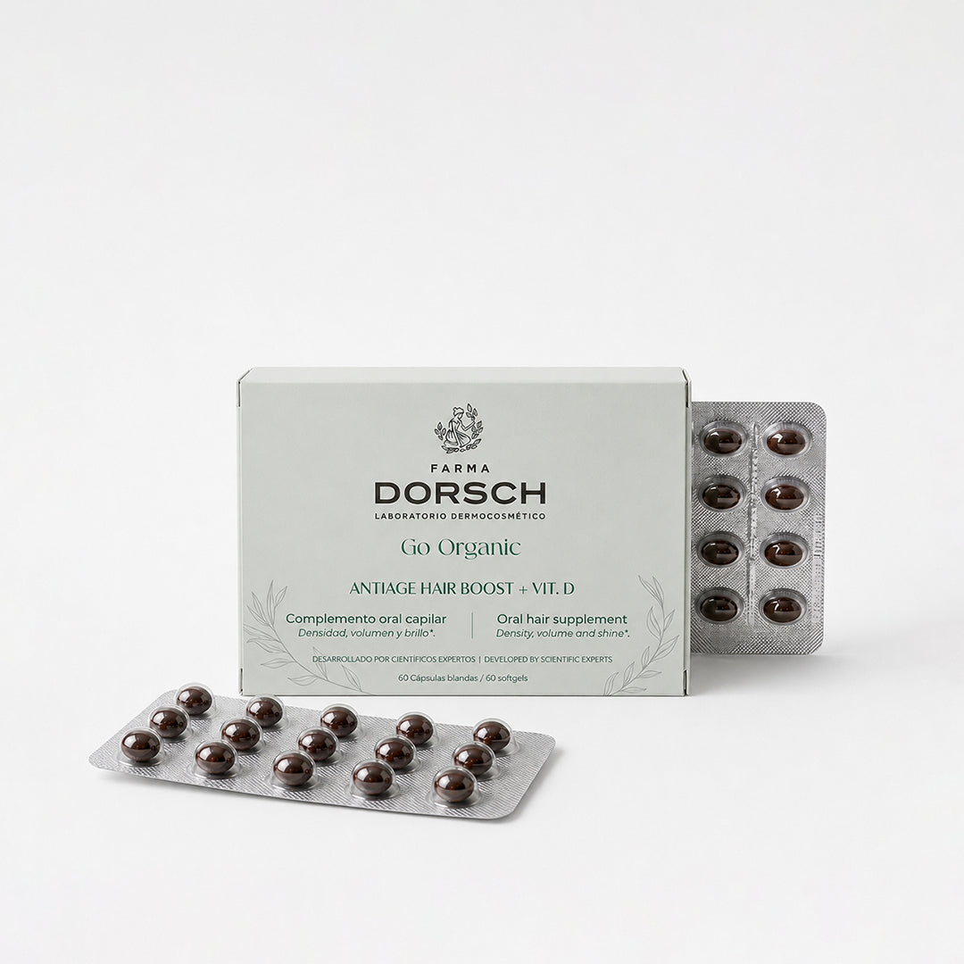 Cápsulas de ANTIAGE HAIR BOOST + VIT D de FARMA DORSCH, fórmula para apoyar la salud capilar.
