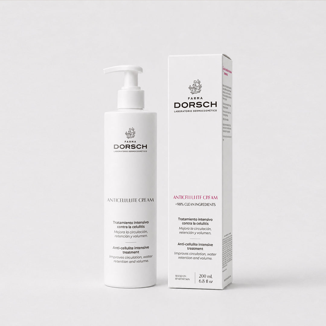 Envase y caja de ANTICELLULITE CREAM de FARMA DORSCH, tratamiento corporal para cuidar la firmeza y textura de la piel.