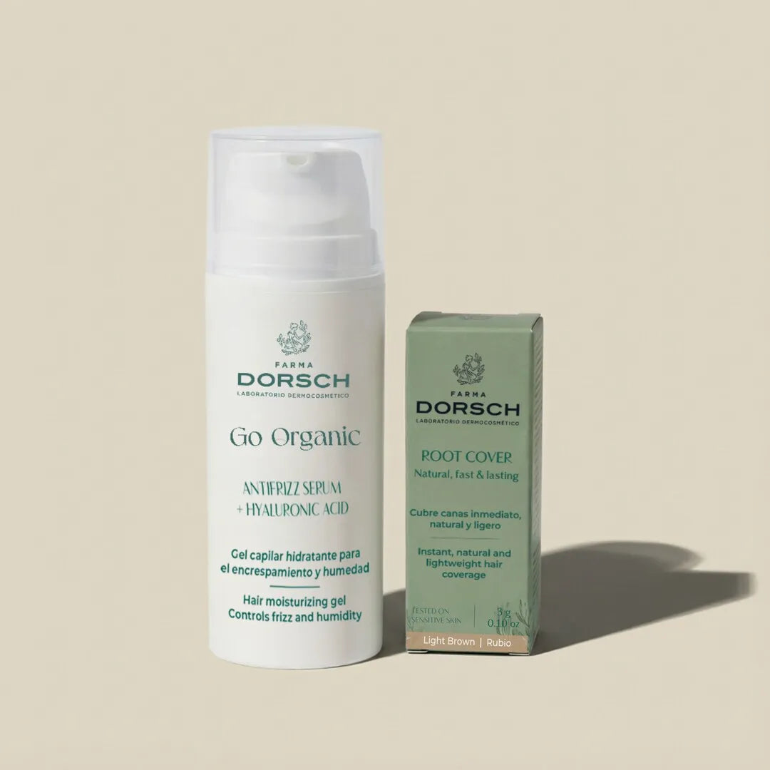 dos productos de FARMA DORSCH, el cubrecanas color rubio y el antifrizz de FARMA DORSCH